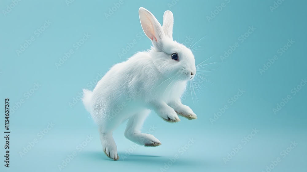 Playful White Rabbit Jumping in Air on Soft Blue Background Playful White Rabbit Jumping in Air on Soft Blue Background