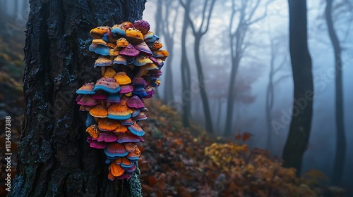 Colorful Mushrooms Cluster on Forest Tree Trunk photo