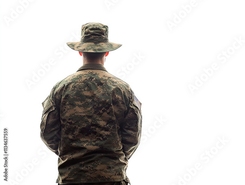 A back view of an American soldier in camouflage uniform, standing tall and proud