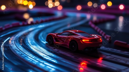 A realistic toy race car on a model racetrack, with dramatic lighting creating a competitive atmosphere