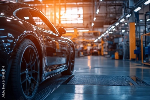 A sleek black sports car sits on the workshop floor, bathed in warm evening light while mechanics prepare for another busy night. Generative AI photo