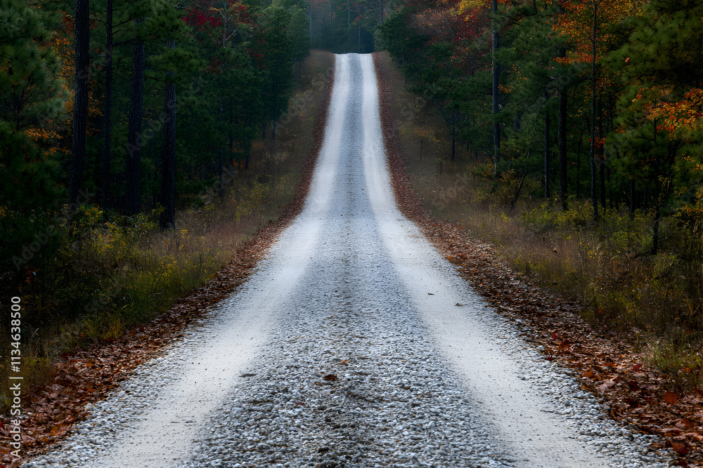Obraz premium Serene autumnal gravel road disappearing into a forest. Perfect for travel, nature, and peaceful themes.