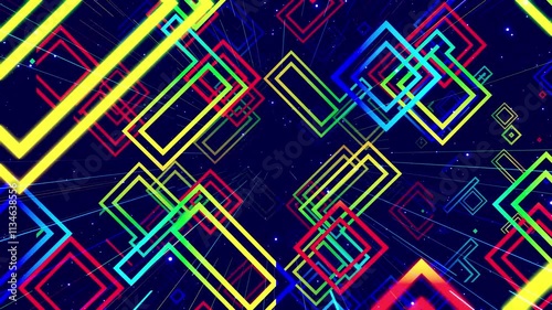 Rainbow gradient color. Motion design vj loop. 3d structure. Motion graphic, camera fly throungh abstract art space, multilayer structure with pattern and particles. Glow rectangles, streaks and lines photo