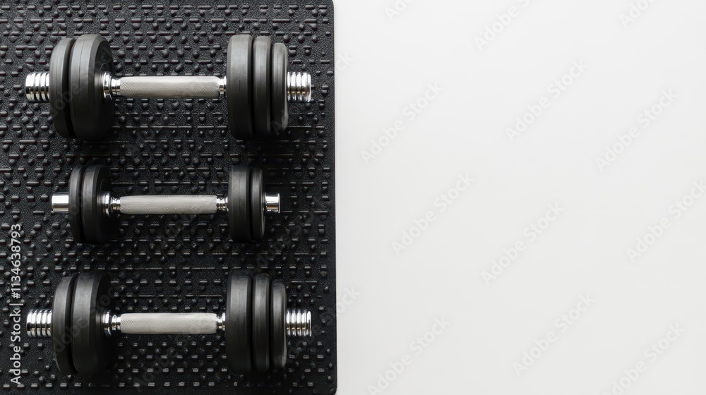 Black Dumbbells on Rubber Exercise Mat for Home Gym Equipment, Fitness Training and Weightlifting, Perfect for Strength and Conditioning Workouts Black Dumbbells on Rubber Exercise Mat for Home Gym Equipment, Fitness Training and Weightlifting, Perfect for Strength and Conditioning Workouts