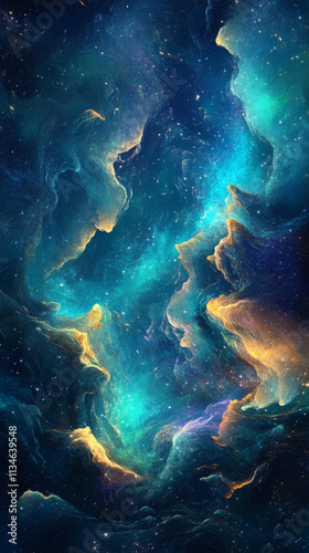 Cosmic Nebula: Teal, Gold, and Blue Celestial Swirl