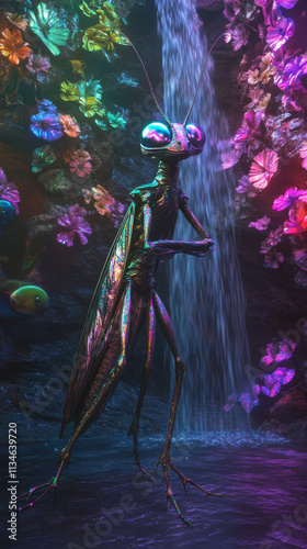 Iridescent Mantis Alien Waterfall Fantasy 3D Render