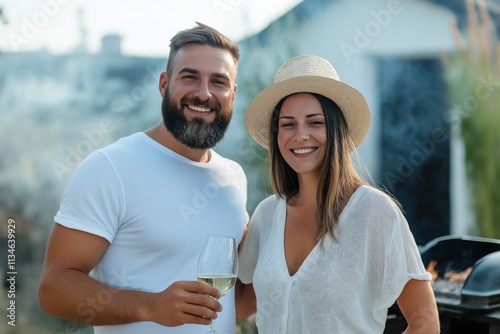 A man and woman are smiling and holding a wine glass. The man is wearing a white shirt and the woman is wearing a white hat. They are posing for a picture and the mood is happy and relaxed