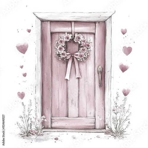 charming pink door adorned with floral wreath and hearts, evoking warmth and love