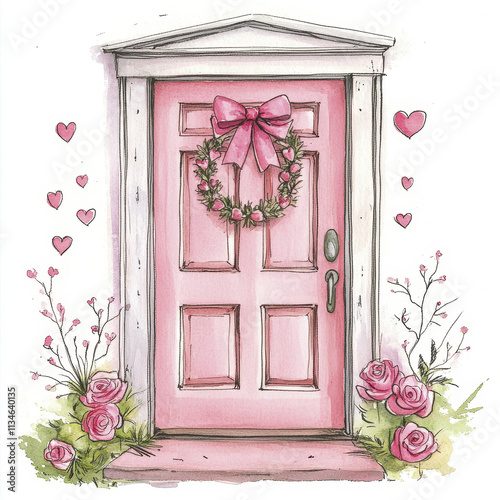 charming pink door adorned with floral wreath and hearts, surrounded by roses