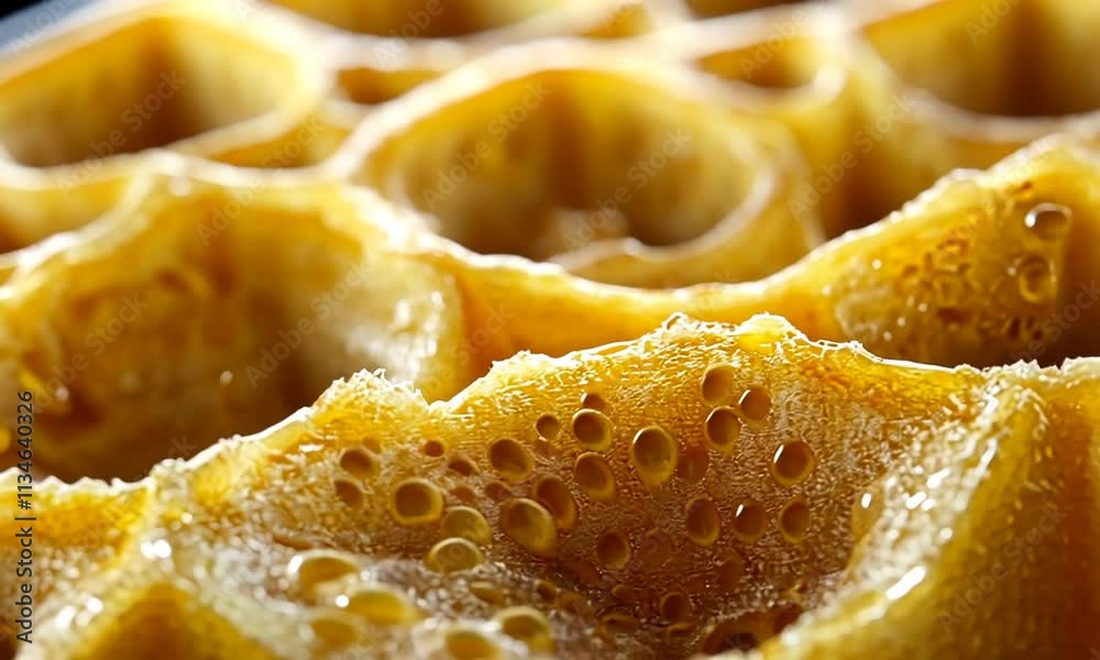 Close-up of a textured, golden surface resembling honeycomb. Close-up of a textured, golden surface resembling honeycomb.