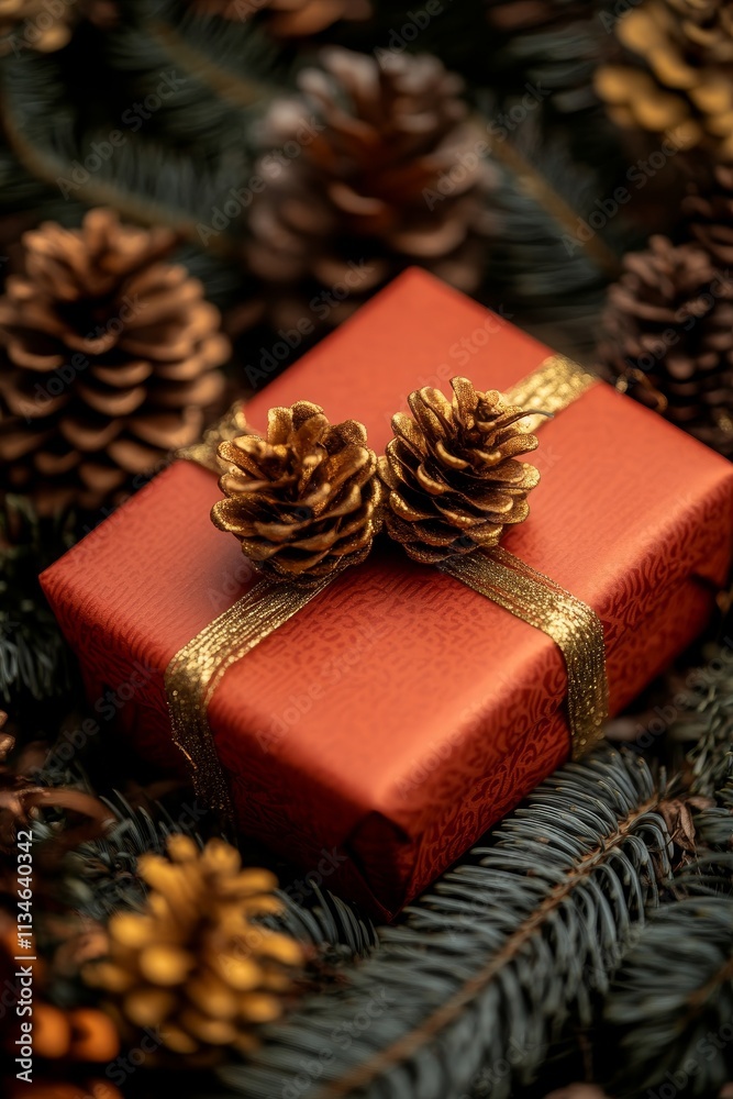 Christmas Gift Box, Pine Cones, Fir Branches on Green Background. Festive Holidays Concept. Christmas Gift Box, Pine Cones, Fir Branches on Green Background. Festive Holidays Concept.