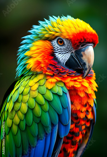 Exotic bird with vibrant plumage close up on its intricate feather patterns and bright colors a glimpse into a world of beauty, colorful, with white tones
