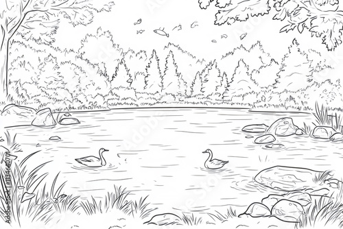 Black and white illustration of ducks swimming in a peaceful lake surrounded by trees, perfect for coloring activities photo