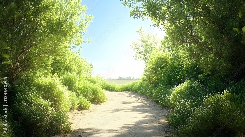 Obraz premium Serene path through lush greenery, sunlit trail, vibrant foliage, summer day, peaceful nature scene, idyllic landscape.