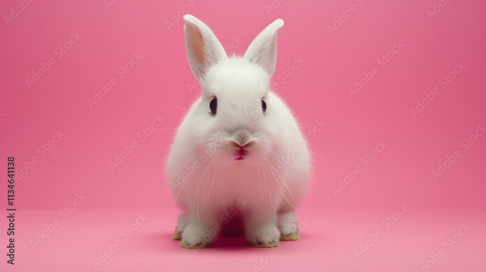 Obraz premium Cute white rabbit with pink background, adorable pet and fluffy fur