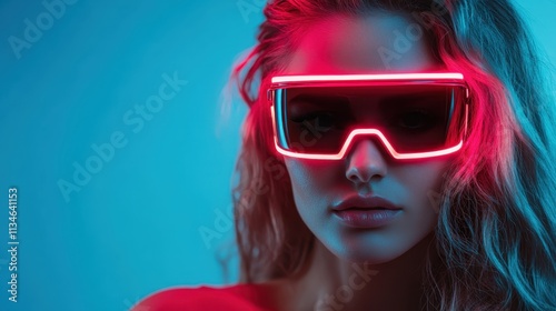 Highlighted in a mystic blue aura, a woman sports an illuminated neon visor which conveys both mystery and allure, drawing the viewer into a futuristic fantasy world. photo