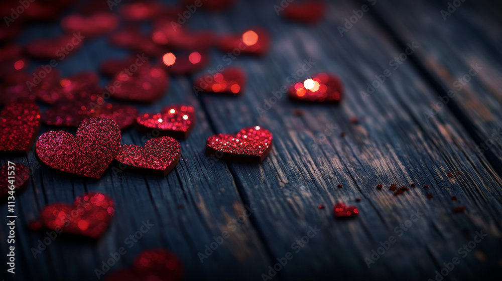 Romantic Glitter Hearts on Dark Wood: Valentine's Day Background Romantic Glitter Hearts on Dark Wood: Valentine's Day Background