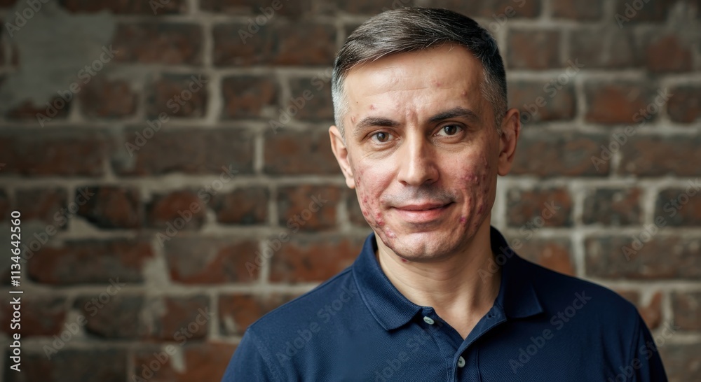 Confident mature caucasian man smiling against brick wall background Confident mature caucasian man smiling against brick wall background