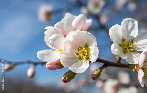 Plum blossom close-up: A delicate close-up of blooming plum blossoms in soft shades of white and pale pink