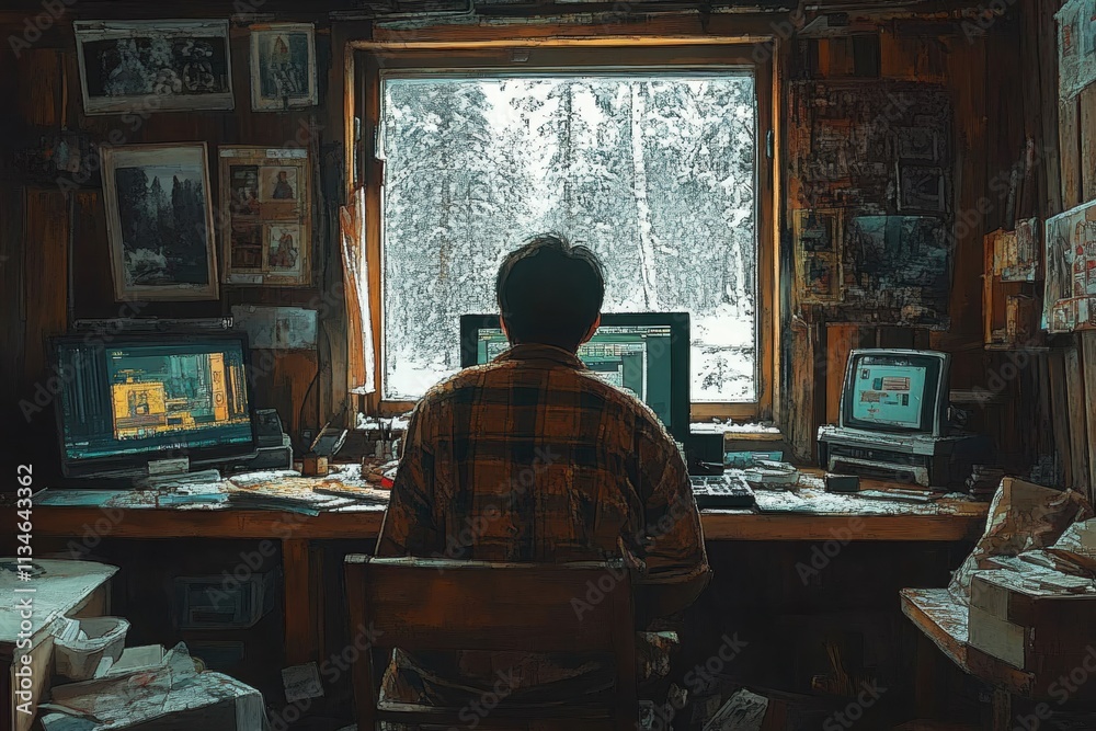 Man Working on Computer in Rustic Cabin with Snowy Winter View Man Working on Computer in Rustic Cabin with Snowy Winter View