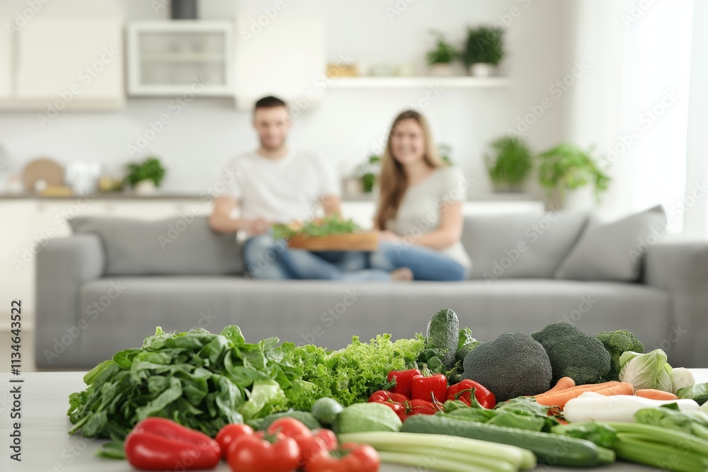 Couple enjoying healthy meal prep with fresh vegetables at home for a balanced diet and weight loss goals Couple enjoying healthy meal prep with fresh vegetables at home for a balanced diet and weight loss goals