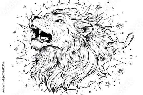 Intricate line art depicts a majestic lion roaring fiercely, surrounded by stars, ideal for coloring pages and creative projects photo