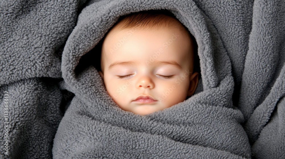 Peaceful baby wrapped in a soft gray blanket Peaceful baby wrapped in a soft gray blanket