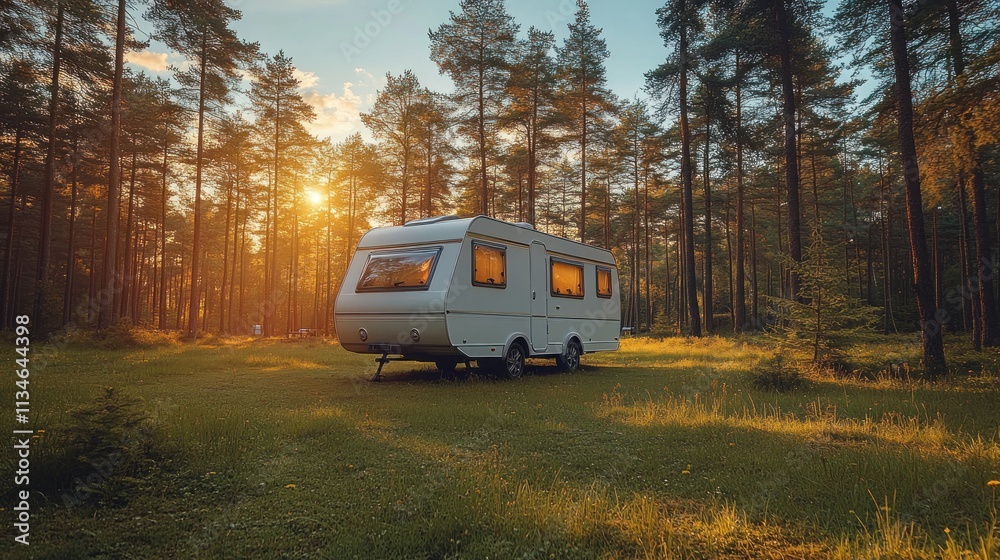A serene camper parked in a forest at sunset, ideal for relaxation and adventure. A serene camper parked in a forest at sunset, ideal for relaxation and adventure.