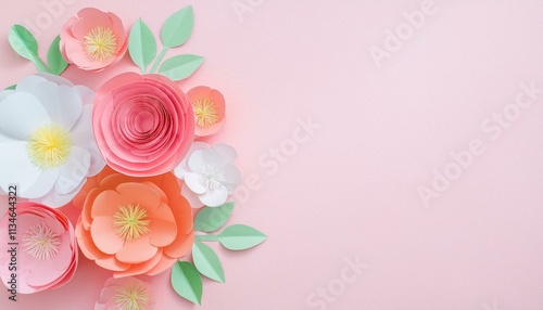 Beautiful handmade paper flowers with scattered petals on soft background, craft decoration, happay birthday, wedding concept. photo