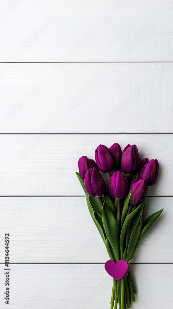 Purple tulips with heart on wooden background Purple tulips with heart on wooden background