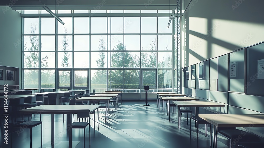 Sunlit Modern Classroom Tables And Chairs Near Large Windows Sunlit Modern Classroom Tables And Chairs Near Large Windows