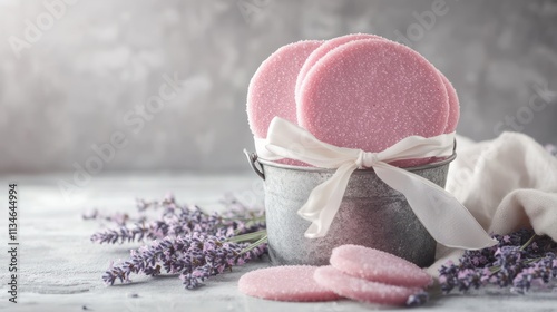 A photo of pink round cookies in an iron bucket photo