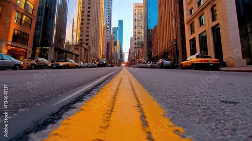 Yellow dividing lines on an empty city street lead towards towering skyscrapers in a downtown metropolis during daytime.