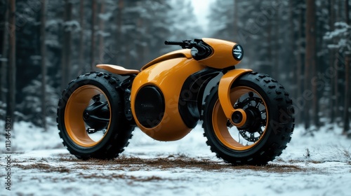 A bold, yellow motorcycle with rugged wheels stands against a snowy, wooded backdrop, blending adventurism and innovative design, offering contrast and intrigue. photo