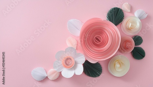 Beautiful handmade paper flowers with scattered petals on soft background, craft decoration, happay birthday, wedding concept. photo