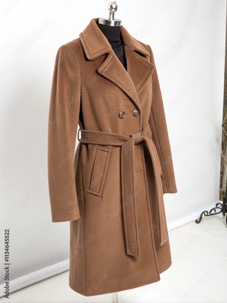 Naklejka premium Stylish mocha mousse overcoat displayed on mannequin in a modern studio setting emphasizing fashion and design details