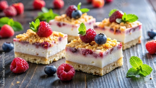 Delightful nougat sweets topped with a berry crumble , nougat, sweets, delicious, dessert, berry, crumble, topping, fruit