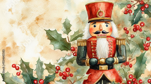 Delicate Watercolor Christmas Card Featuring Nutcracker in Regalia, Surrounded by Festive Holly
