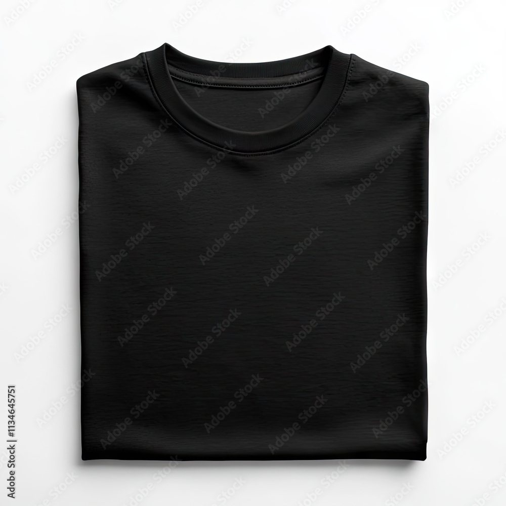 Black t-shirt mockup, folded and placed flat on the table, white background Black t-shirt mockup, folded and placed flat on the table, white background