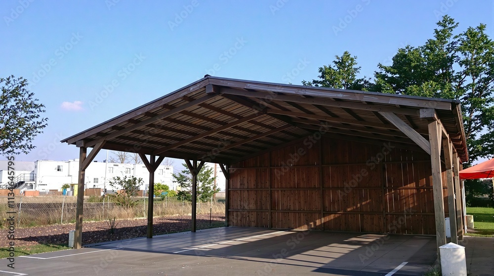 Wooden carport, ideal for vehicle storage or outdoor shelter solutions. Wooden carport, ideal for vehicle storage or outdoor shelter solutions.