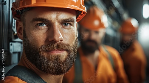 A bearded engineer wearing orange attire scrutinizes technical equipment, demonstrating a confident demeanor amidst a backdrop of industrial workspace and fellow engineers.