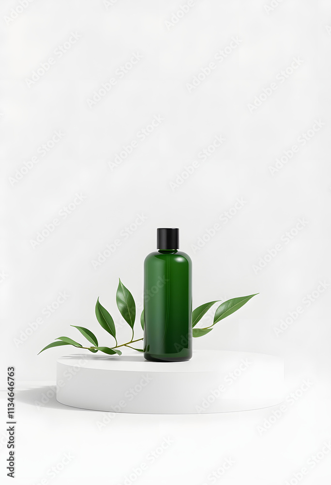 Minimal Abstract cosmetic background for product presentation. Cosmetic bottle podium and green leaf on white color background. 3d render illustration. Display for natural products Minimal Abstract cosmetic background for product presentation. Cosmetic bottle podium and green leaf on white color background. 3d render illustration. Display for natural products