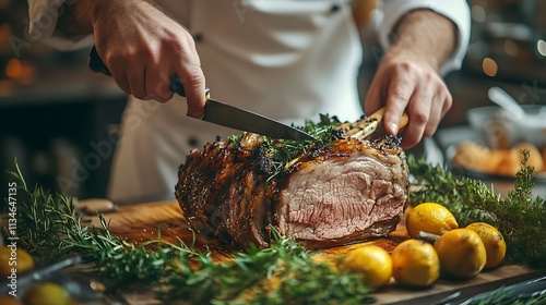 Chef expertly carves a roasted prime rib of beef