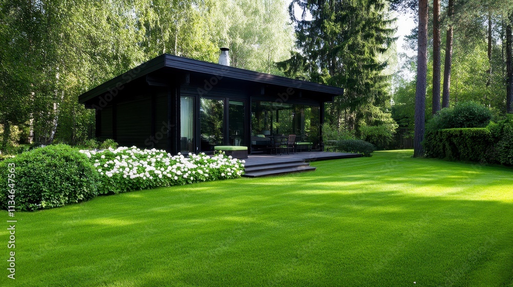 Modern black house in serene green landscape Modern black house in serene green landscape