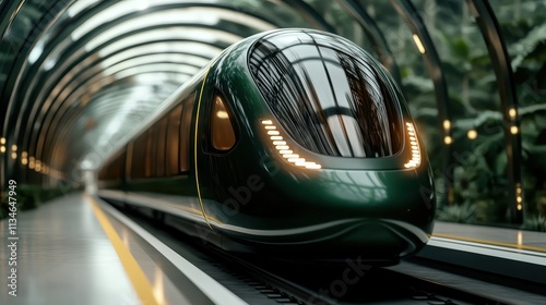 A futuristic train moves swiftly within a modern glass tube tunnel, showcasing cutting-edge transport design and technological advancement in urban landscapes. photo