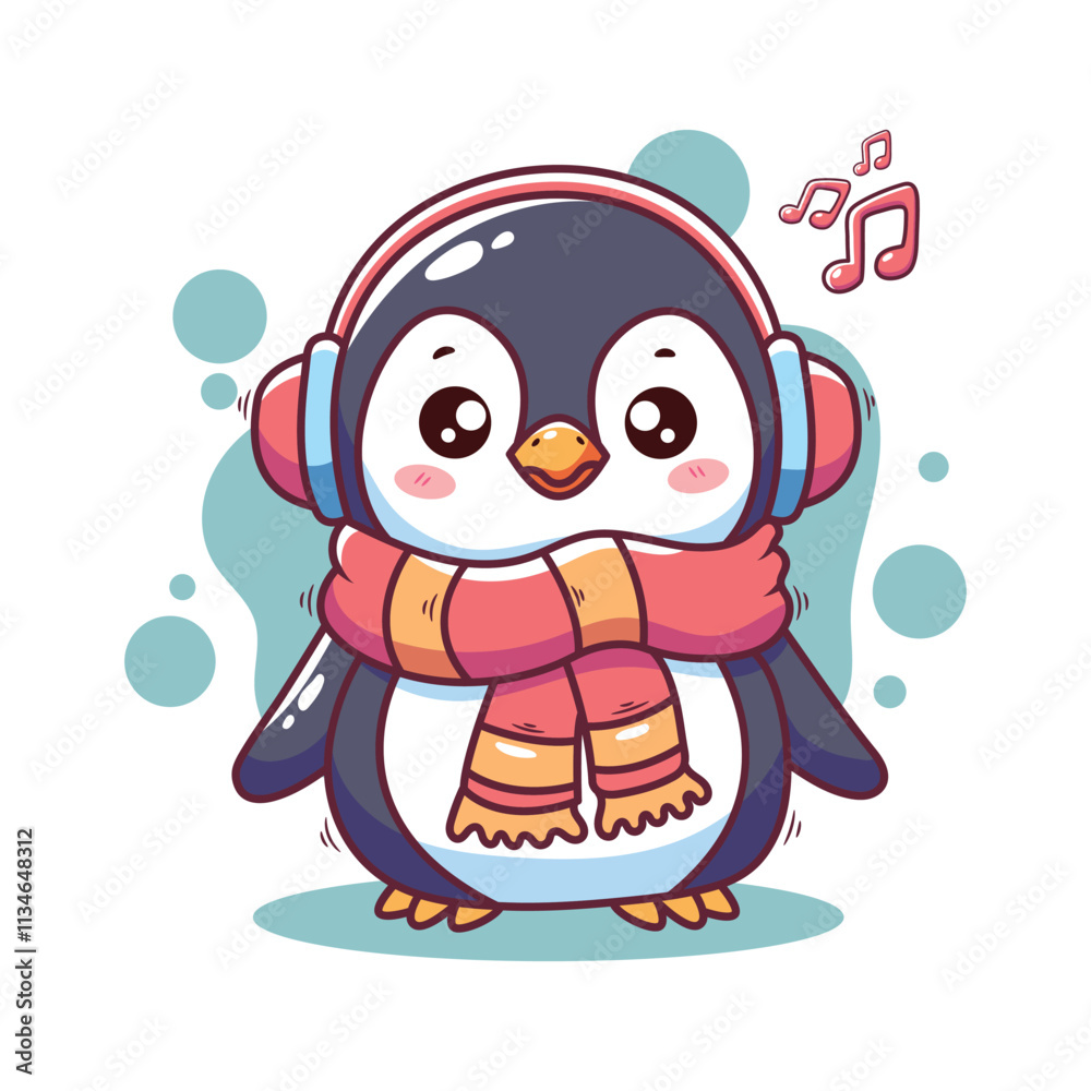 Cute penguin with headphones and scarf. Vector cartoon illustration. Cute penguin with headphones and scarf. Vector cartoon illustration.