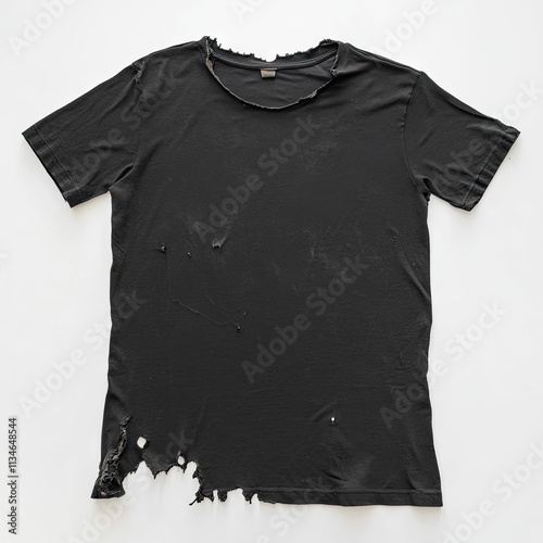 A plain black T-shirt with worn edges, slightly ripped at the bottom and stained in some places, on a white background