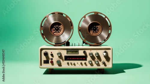 A classic reel-to-reel tape recorder, showcasing analog audio technology, is set against a minimalist green backdrop, evoking nostalgia and timeless charm. photo