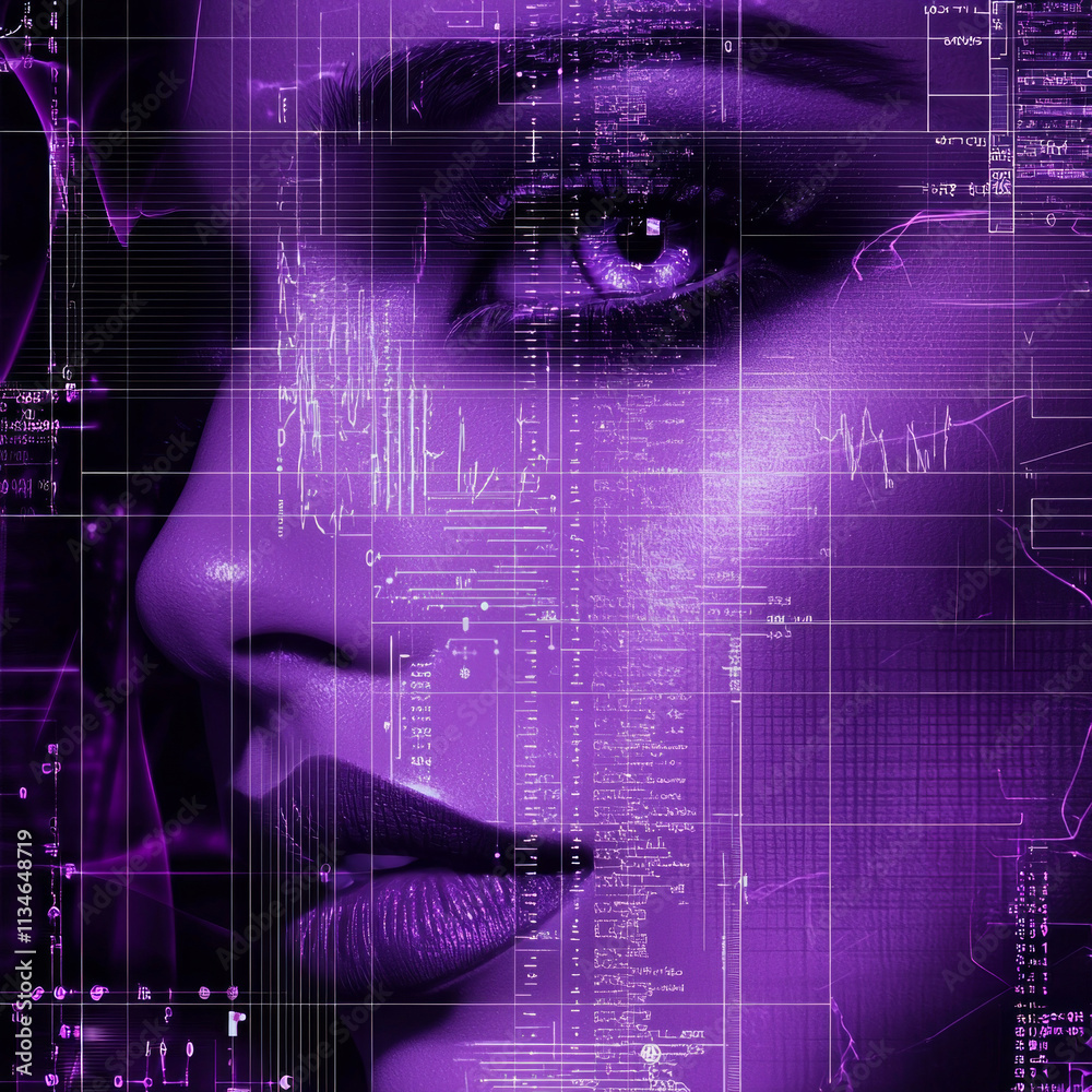 artwork showcases woman's face formed cosmetic features. It blends beauty elements scientific motifs highlighting creativity and mystery through purple tones. artwork showcases woman's face formed cosmetic features. It blends beauty elements scientific motifs highlighting creativity and mystery through purple tones.