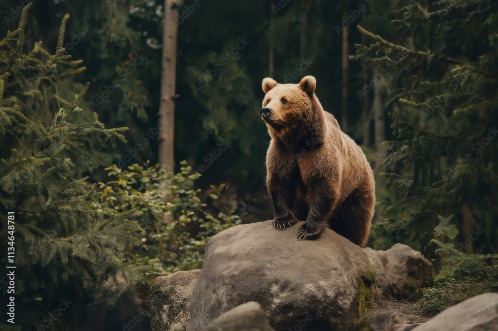 Fototapeta premium Majestic brown bear standing on a rock in a lush pine forest, exuding power and wilderness
